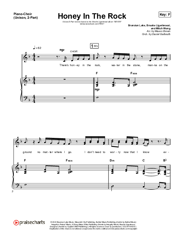 Honey In The Rock (Unison/2-Part) Piano/Choir (Unison, 2-part) (PraiseCharts Choral / Brooke Ligertwood / Arr. Mason Brown)