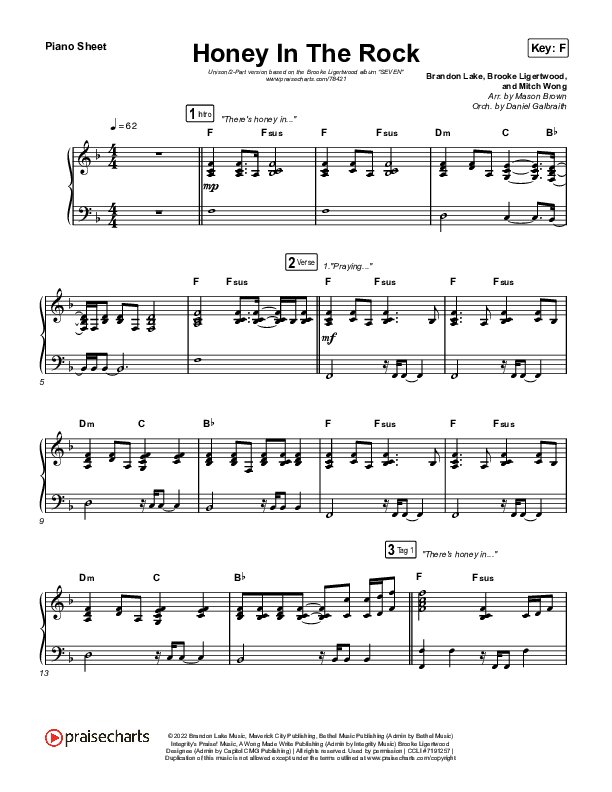 Honey In The Rock (Unison/2-Part Choir) Piano Sheet (Brooke Ligertwood / Arr. Mason Brown)