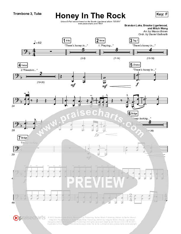 Honey In The Rock (Unison/2-Part Choir) Trombone 3/Tuba (Brooke Ligertwood / Arr. Mason Brown)