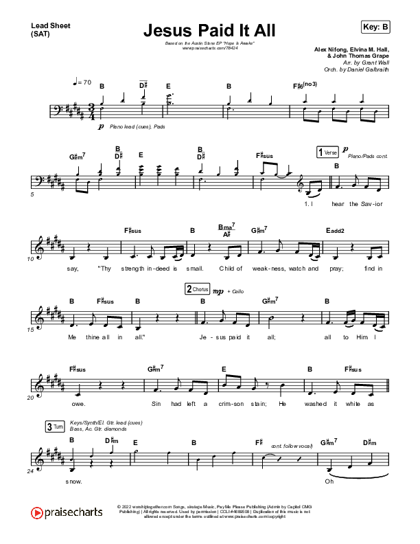 Jesus Paid It All Lead Sheet (SAT) (Austin Stone Worship)