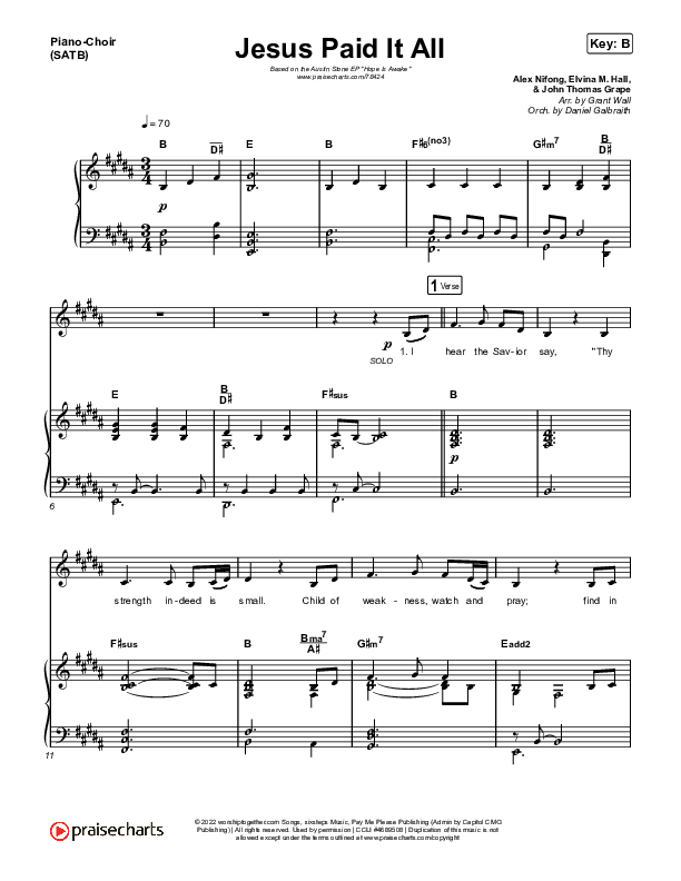Jesus Paid It All Piano/Vocal (SATB) (Austin Stone Worship)