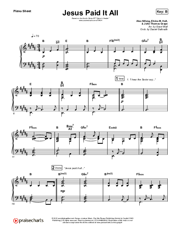 Jesus Paid It All Piano Sheet (Austin Stone Worship)