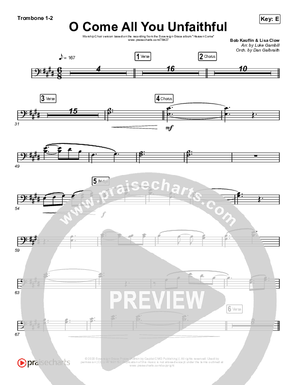 O Come All You Unfaithful (Worship Choir SAB) Trombone 1/2 (Sovereign Grace / Arr. Luke Gambill)