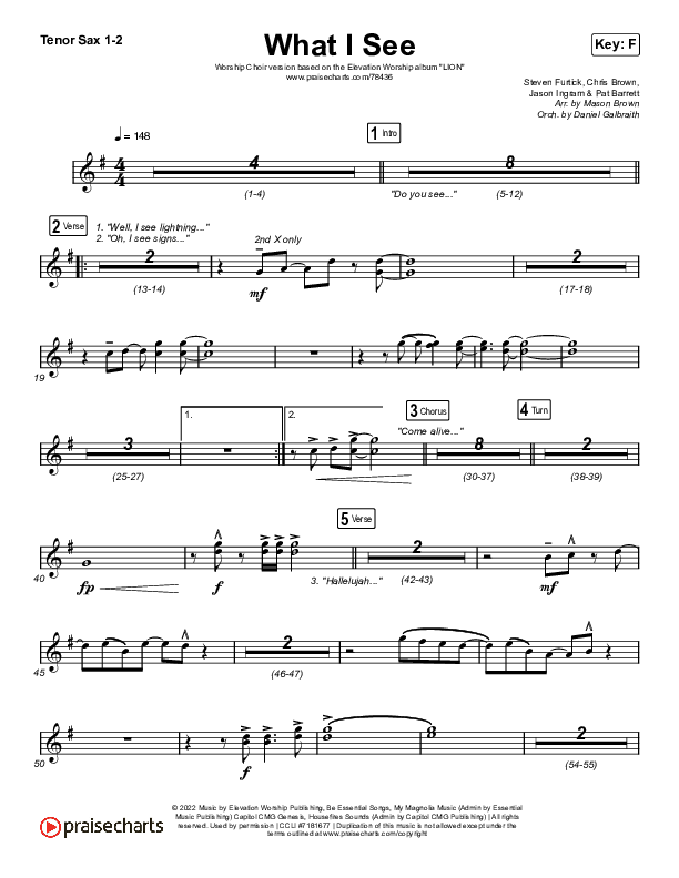 What I See (Worship Choir SAB) Tenor Sax 1/2 (Elevation Worship / Chris Brown / Arr. Mason Brown)