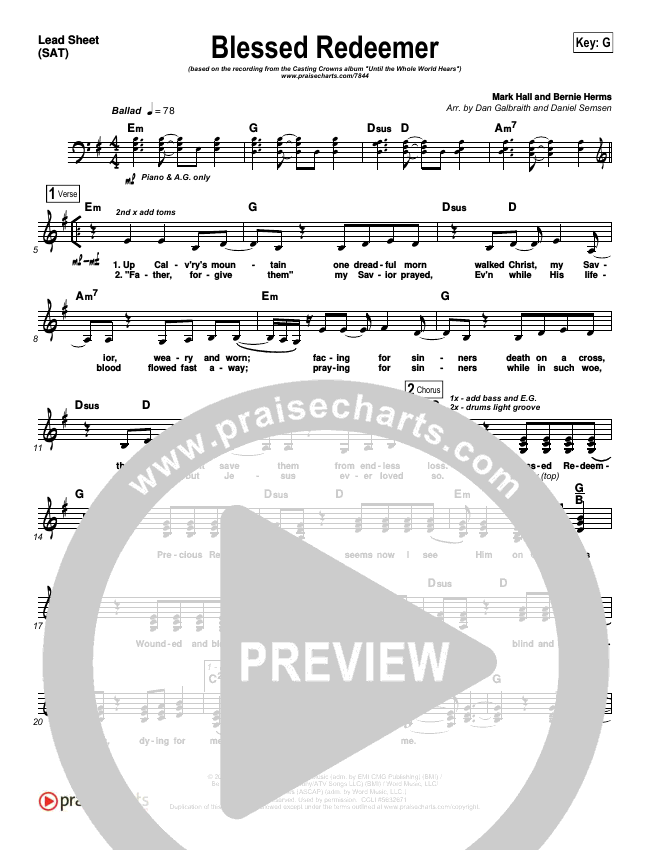 Blessed Redeemer Sheet Music Casting Crowns Praisecharts