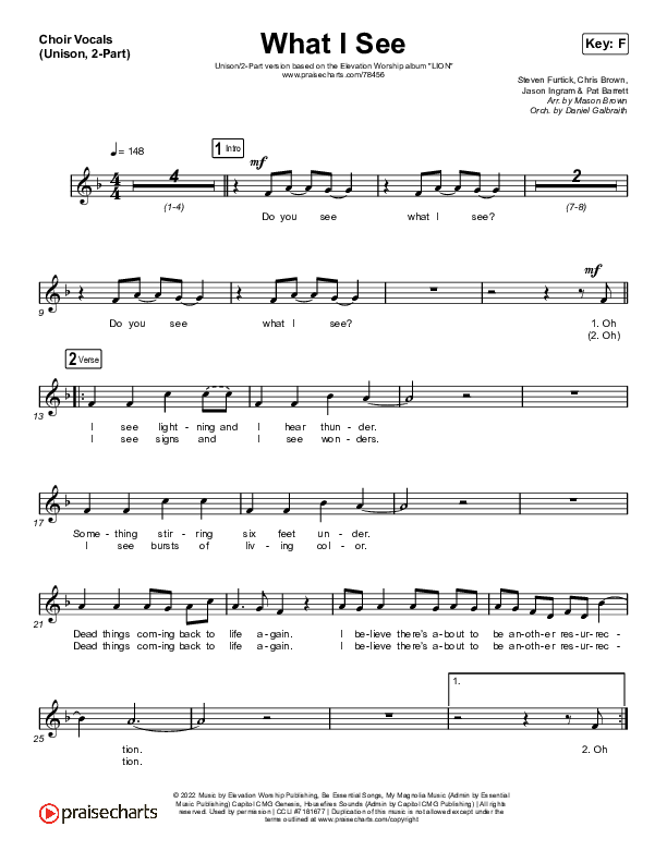 What I See (Unison/2-Part Choir) Choir Vocals (Uni/2-Part) (Elevation Worship / Chris Brown / Arr. Mason Brown)