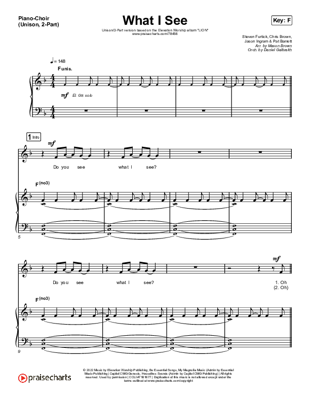 What I See (Unison/2-Part Choir) Piano/Choir  (Uni/2-Part) (Elevation Worship / Chris Brown / Arr. Mason Brown)