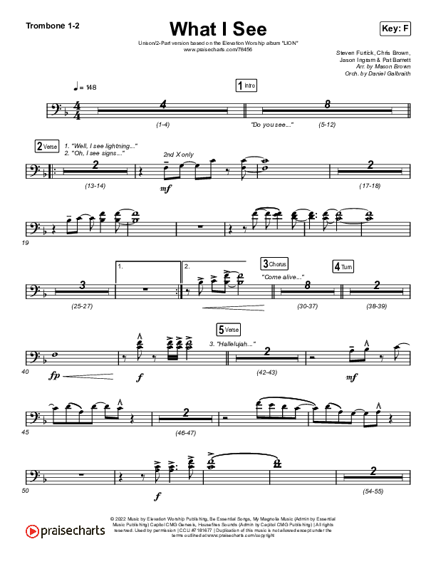 What I See (Unison/2-Part Choir) Trombone 1/2 (Elevation Worship / Chris Brown / Arr. Mason Brown)