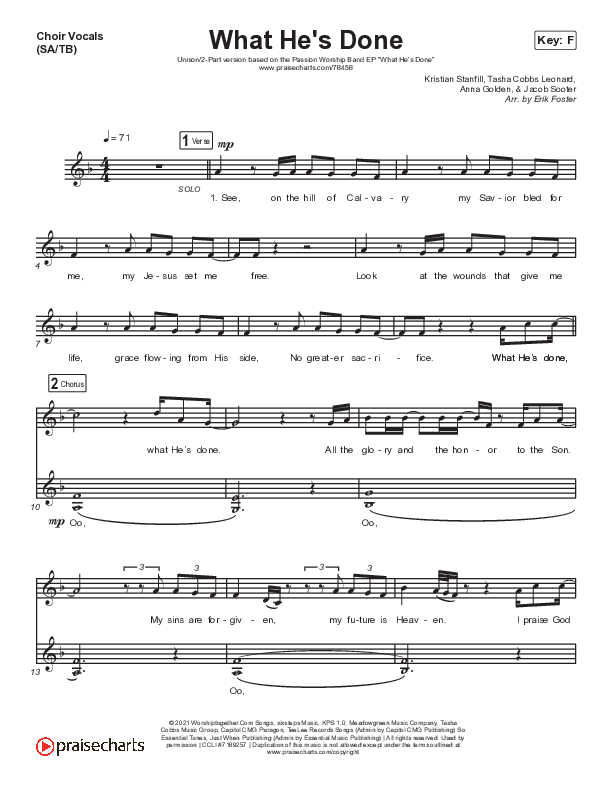 What He's Done (Choir Edition) (Unison/2-Part Choir) Choir Vocals (Uni/2-Part) (Passion / Arr. Erik Foster)