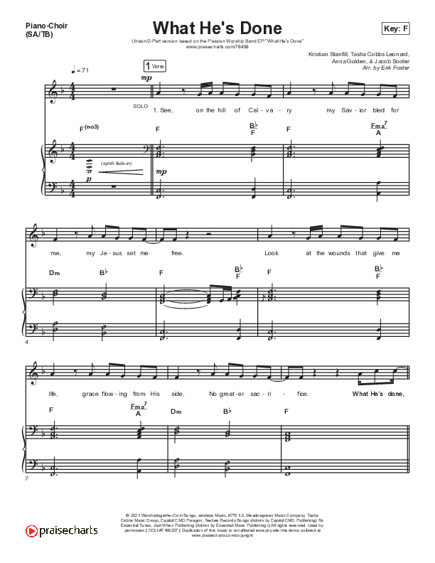 What He's Done (Choir Edition) (Unison/2-Part Choir) Piano/Choir  (Uni/2-Part) (Passion / Arr. Erik Foster)