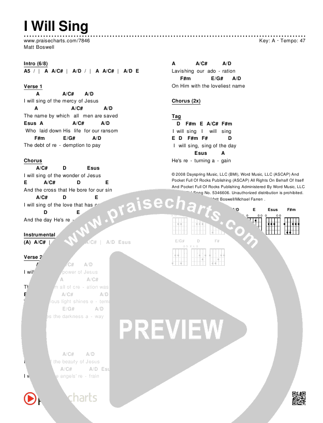 I Will Sing Chords & Lyrics (Matt Boswell)
