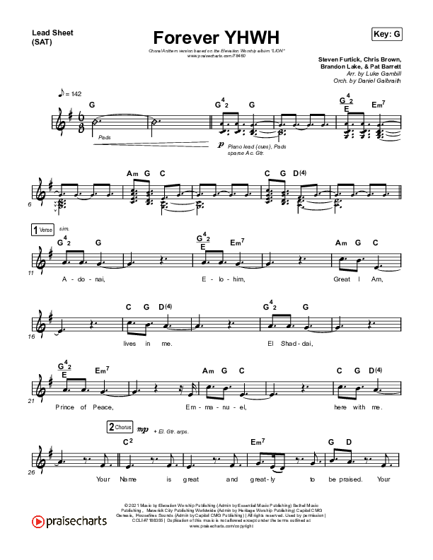 Forever YHWH (Choral Anthem SATB) Lead Sheet (SAT) (Elevation Worship / Tiffany Hudson / Arr. Luke Gambill)