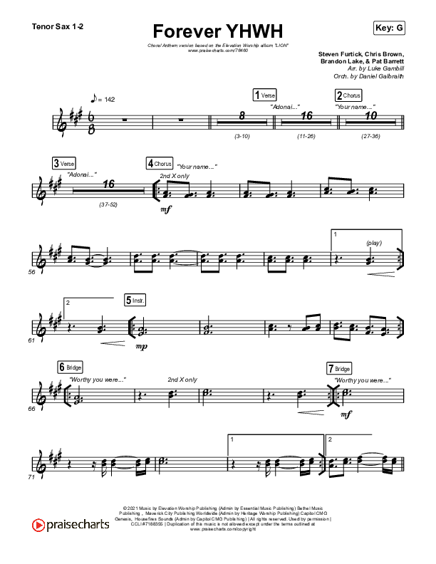 Forever YHWH (Choral Anthem SATB) Tenor Sax 1,2 (Elevation Worship / Tiffany Hudson / Arr. Luke Gambill)