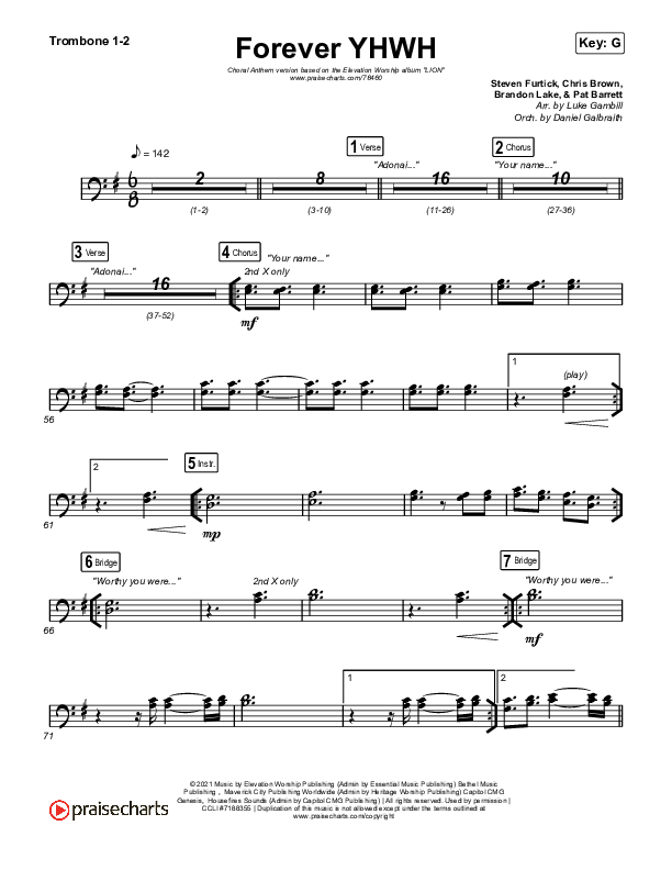 Forever YHWH (Choral Anthem SATB) Trombone 1,2 (Elevation Worship / Tiffany Hudson / Arr. Luke Gambill)