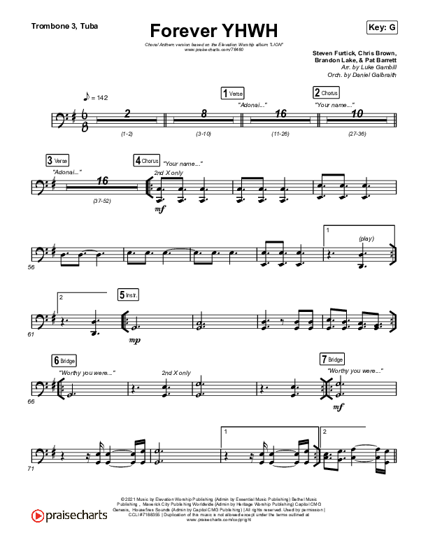 Forever YHWH (Choral Anthem SATB) Trombone 3/Tuba (Elevation Worship / Tiffany Hudson / Arr. Luke Gambill)
