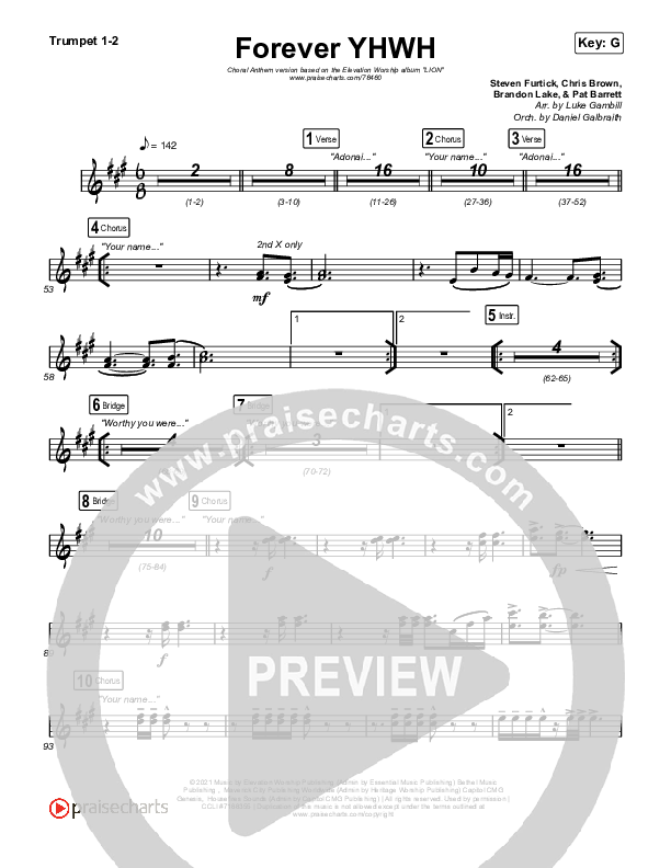 Forever YHWH (Choral Anthem SATB) Trumpet 1,2 (Elevation Worship / Tiffany Hudson / Arr. Luke Gambill)