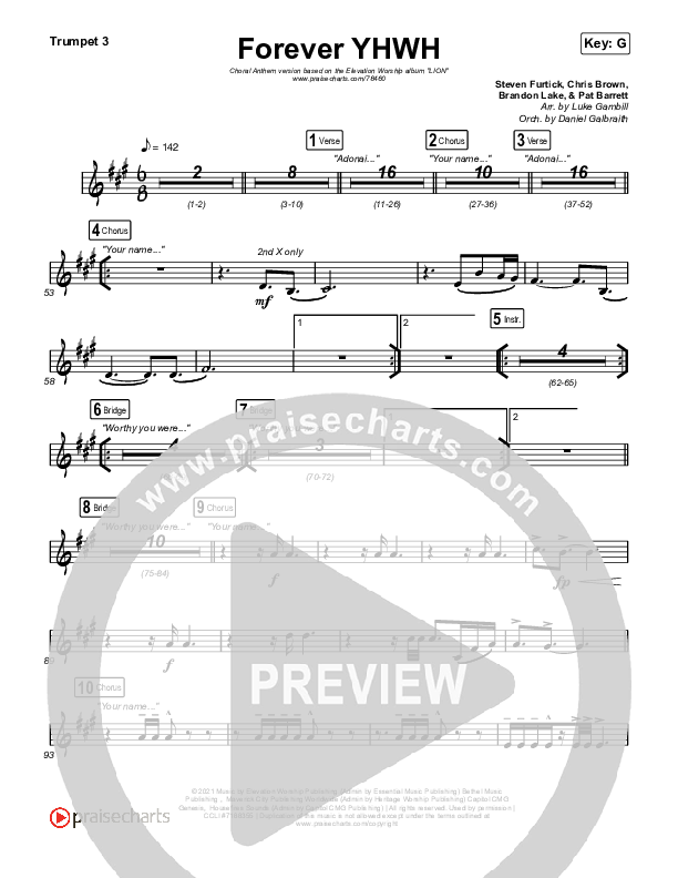 Forever YHWH (Choral Anthem SATB) Trumpet 3 (Elevation Worship / Tiffany Hudson / Arr. Luke Gambill)