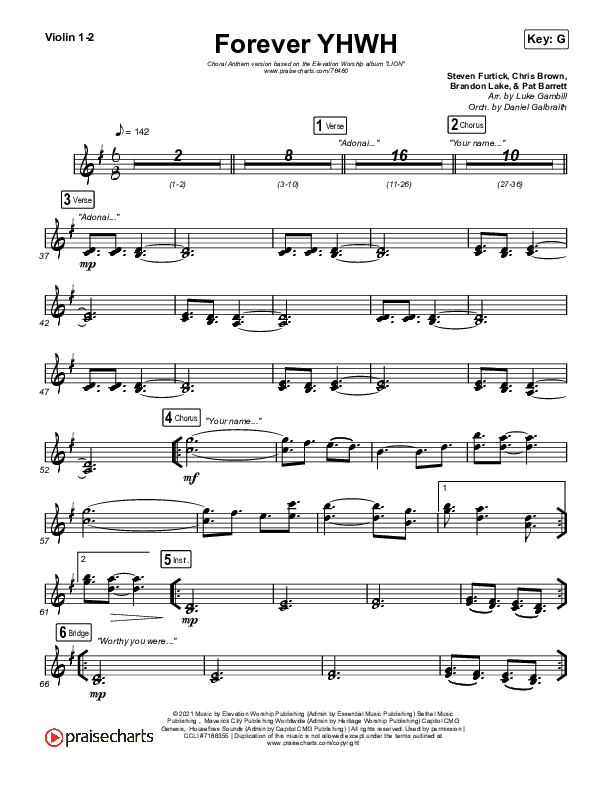 Forever YHWH (Choral Anthem SATB) Violin 1,2 (Elevation Worship / Tiffany Hudson / Arr. Luke Gambill)