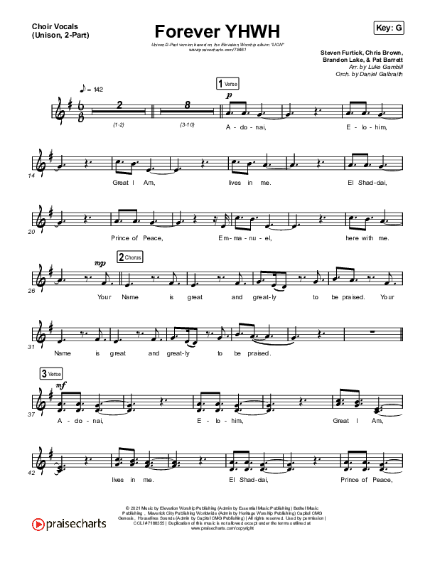 Forever YHWH (Unison/2-Part Choir) Choir Vocals (Uni/2-Part) (Elevation Worship / Tiffany Hudson / Arr. Luke Gambill)