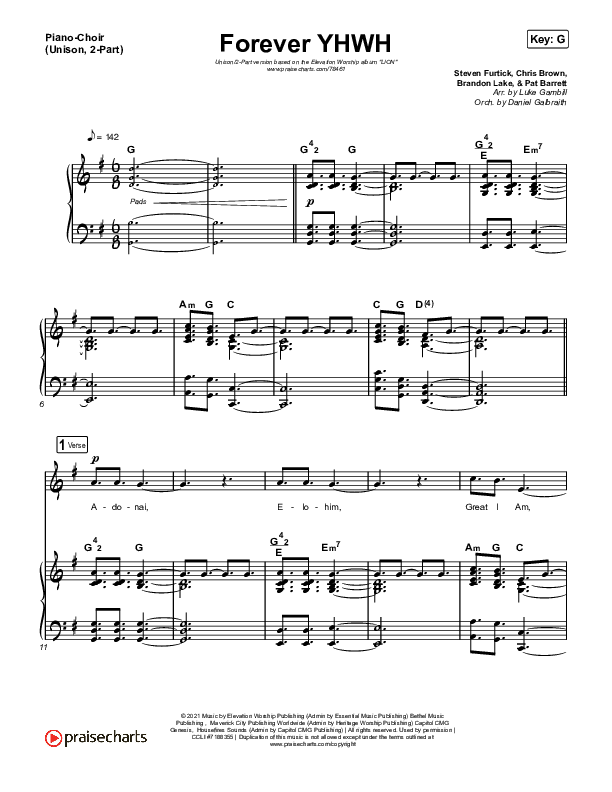 Forever YHWH (Unison/2-Part) Piano/Choir (Unison, 2-part) (Elevation Worship / Tiffany Hudson / Arr. Luke Gambill)