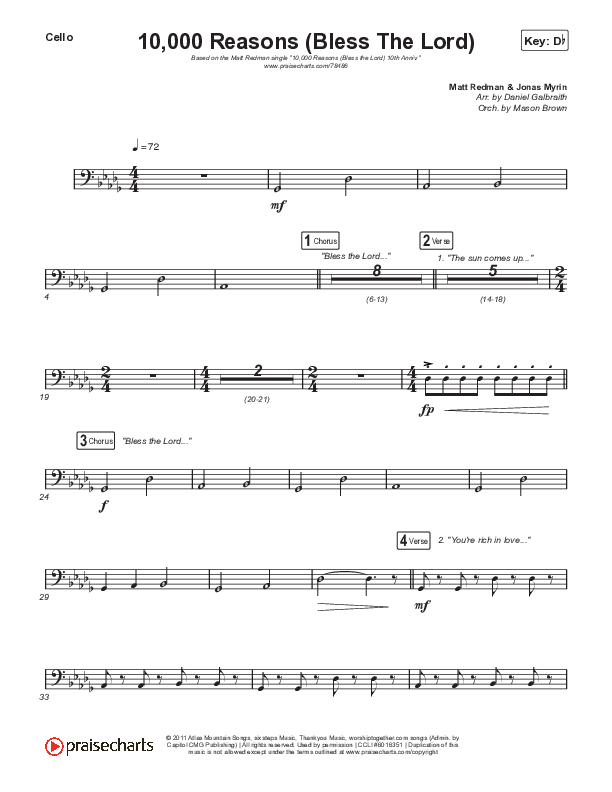 10,000 Reasons (Bless The Lord) Cello (Matt Redman / Bryan & Katie Torwalt / Pat Barrett / Naomi Raine / Crowder / Worship Together)