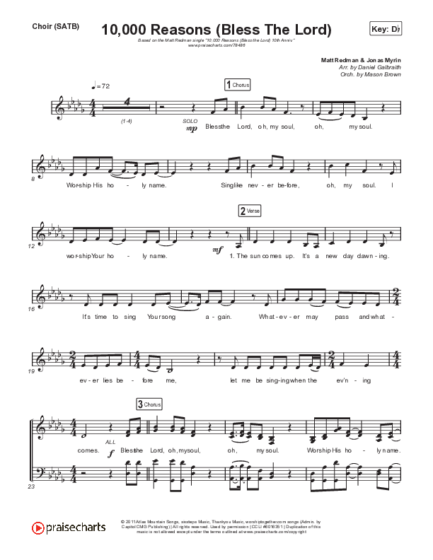 10,000 Reasons (Bless The Lord) Choir Vocals (SATB) (Matt Redman / Bryan & Katie Torwalt / Pat Barrett / Naomi Raine / Crowder / Worship Together)