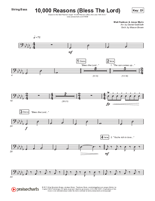 10,000 Reasons (Bless The Lord) String Bass (Matt Redman / Bryan & Katie Torwalt / Pat Barrett / Naomi Raine / Crowder / Worship Together)