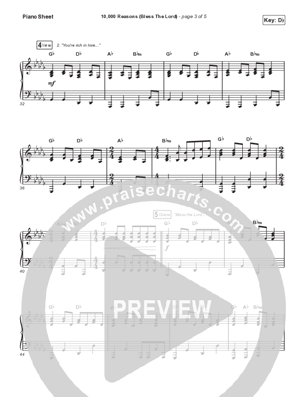 10,000 Reasons (Bless The Lord) Piano Sheet (Matt Redman / Bryan & Katie Torwalt / Pat Barrett / Naomi Raine / Crowder / Worship Together)