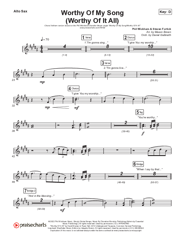 Worthy Of My Song (Worthy Of It All) (Choral Anthem SATB) Alto Sax (Phil Wickham / Chandler Moore / Arr. Mason Brown)