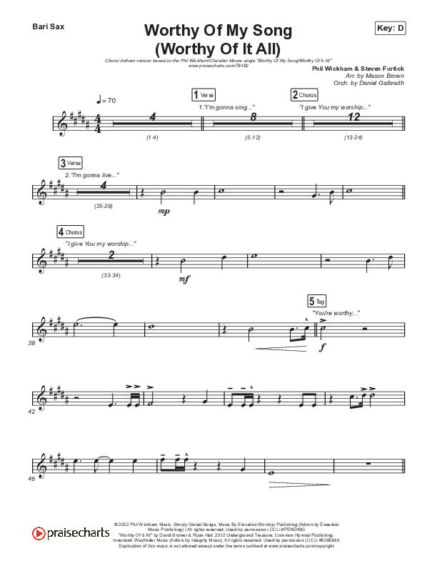 Worthy Of My Song (Worthy Of It All) (Choral Anthem SATB) Bari Sax (Phil Wickham / Chandler Moore / Arr. Mason Brown)