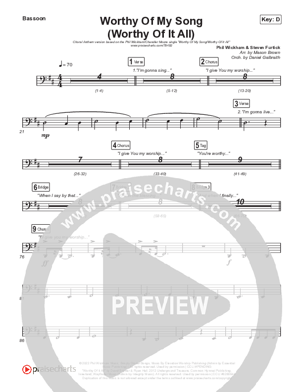 Worthy Of My Song (Worthy Of It All) (Choral Anthem SATB) Bassoon (Phil Wickham / Chandler Moore / Arr. Mason Brown)