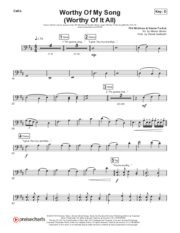 Worthy Of My Song (Worthy Of It All) (Choral Anthem SATB) Cello (Phil Wickham / Chandler Moore / Arr. Mason Brown)