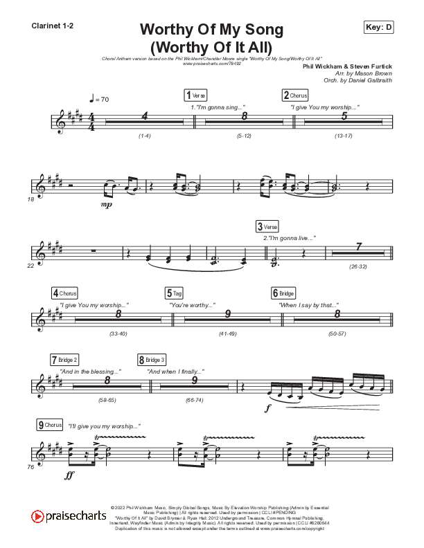 Worthy Of My Song (Worthy Of It All) (Choral Anthem SATB) Clarinet 1/2 (Phil Wickham / Chandler Moore / Arr. Mason Brown)