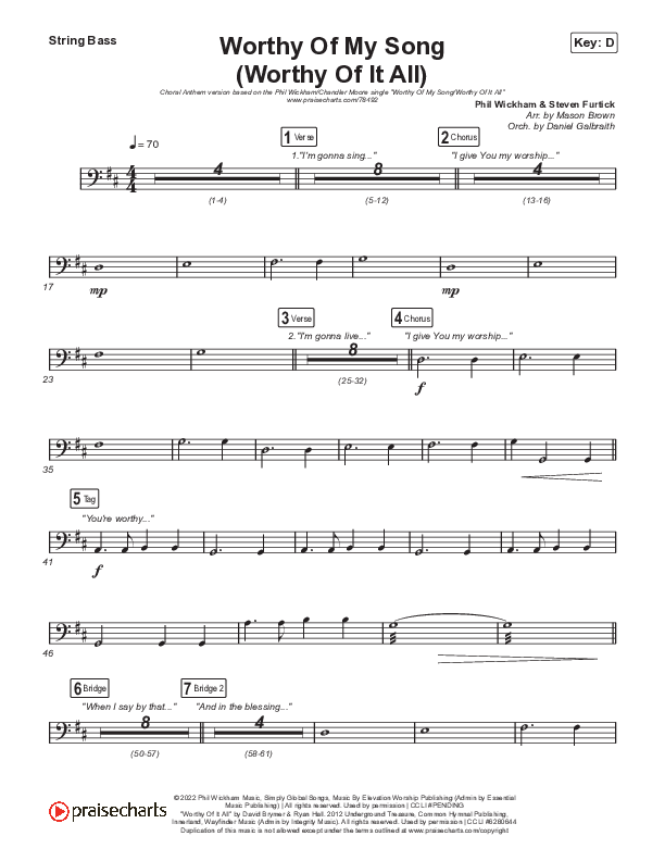 Worthy Of My Song (Worthy Of It All) (Choral Anthem SATB) String Bass (Phil Wickham / Chandler Moore / Arr. Mason Brown)