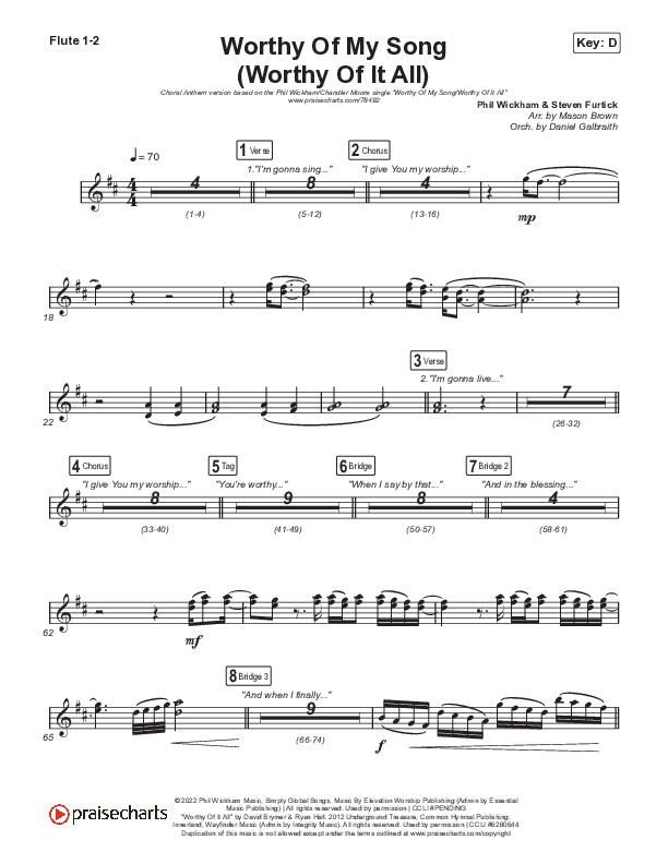 Worthy Of My Song (Worthy Of It All) (Choral Anthem SATB) Flute 1,2 (Phil Wickham / Chandler Moore / Arr. Mason Brown)