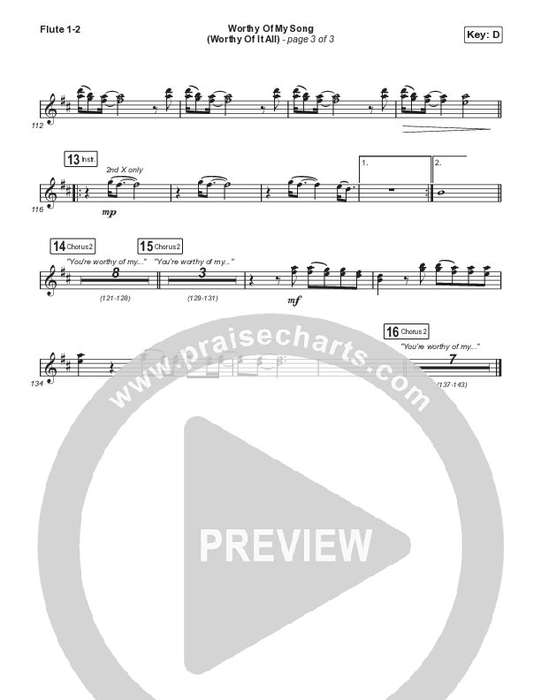 Worthy Of My Song (Worthy Of It All) (Choral Anthem SATB) Flute 1,2 (Phil Wickham / Chandler Moore / Arr. Mason Brown)