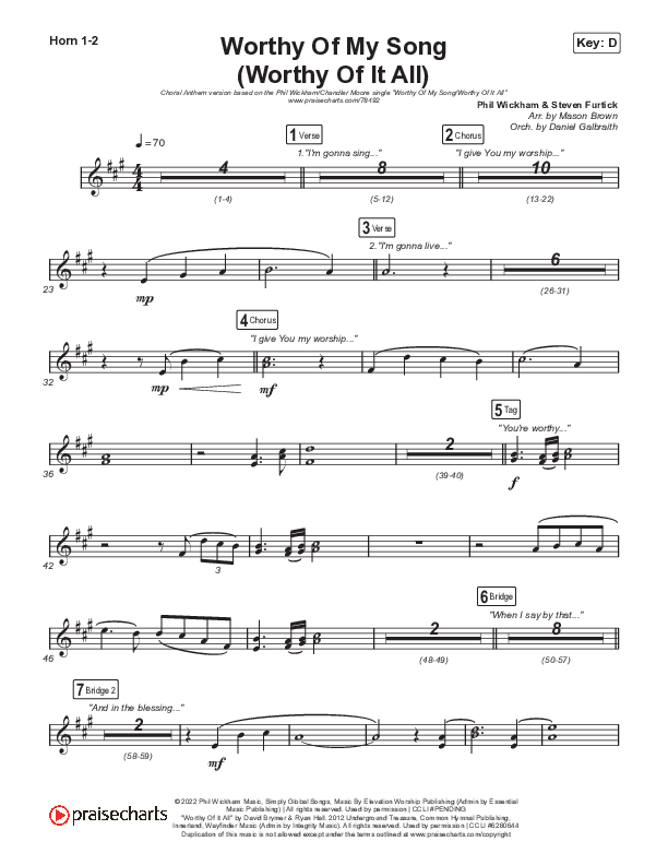 Worthy Of My Song (Worthy Of It All) (Choral Anthem SATB) French Horn 1,2 (Phil Wickham / Chandler Moore / Arr. Mason Brown)