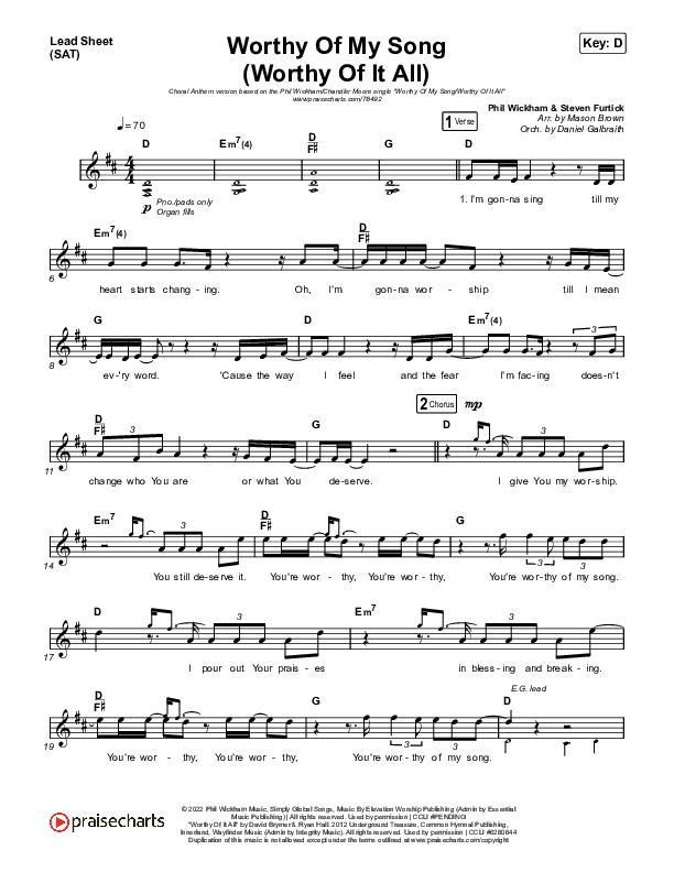 Worthy Of My Song (Worthy Of It All) (Choral Anthem SATB) Lead Sheet (SAT) (Phil Wickham / Chandler Moore / Arr. Mason Brown)