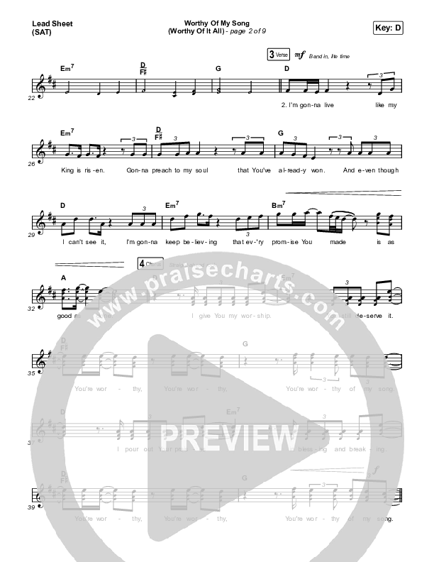 Worthy Of My Song (Worthy Of It All) (Choral Anthem SATB) Lead Sheet (SAT) (Phil Wickham / Chandler Moore / Arr. Mason Brown)