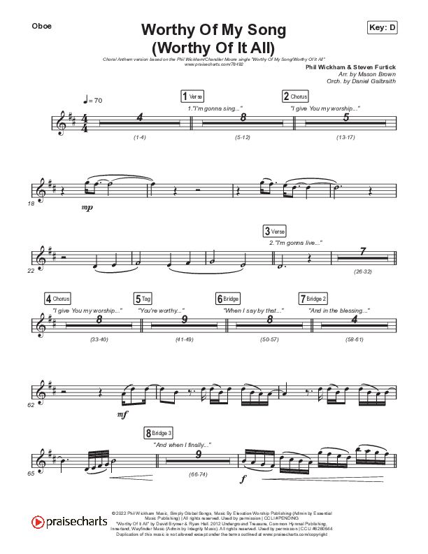 Worthy Of My Song (Worthy Of It All) (Choral Anthem SATB) Oboe (Phil Wickham / Chandler Moore / Arr. Mason Brown)
