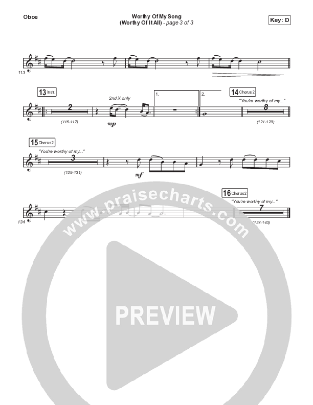 Worthy Of My Song (Worthy Of It All) (Choral Anthem SATB) Oboe (Phil Wickham / Chandler Moore / Arr. Mason Brown)