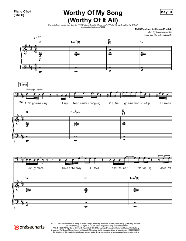 Worthy Of My Song (Worthy Of It All) (Choral Anthem SATB) Anthem (SATB + Piano) (Phil Wickham / Chandler Moore / Arr. Mason Brown)
