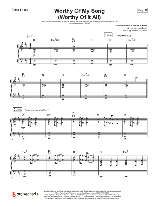 Worthy Of My Song (Worthy Of It All) (Choral Anthem SATB) Piano Sheet (Phil Wickham / Chandler Moore / Arr. Mason Brown)