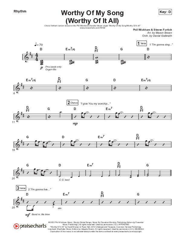 Worthy Of My Song (Worthy Of It All) (Choral Anthem SATB) Rhythm Chart (Phil Wickham / Chandler Moore / Arr. Mason Brown)