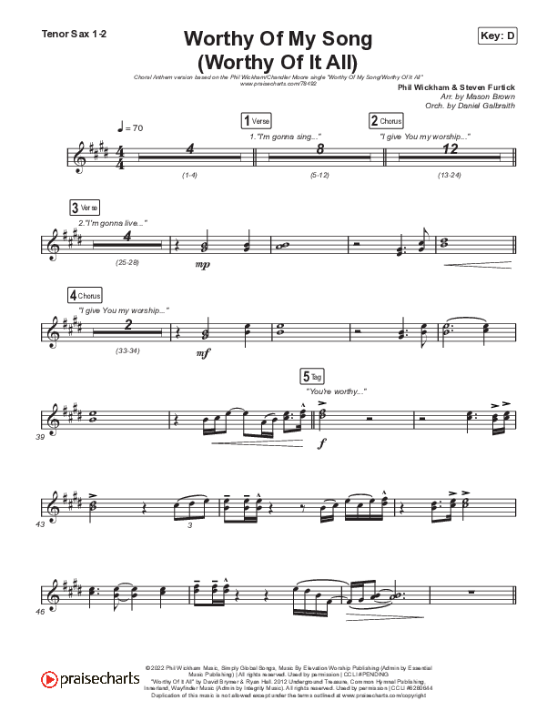 Worthy Of My Song (Worthy Of It All) (Choral Anthem SATB) Tenor Sax 1,2 (Phil Wickham / Chandler Moore / Arr. Mason Brown)