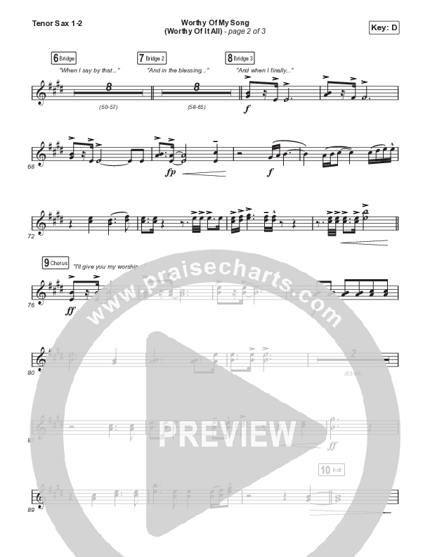 Worthy Of My Song (Worthy Of It All) (Choral Anthem SATB) Tenor Sax 1,2 (Phil Wickham / Chandler Moore / Arr. Mason Brown)