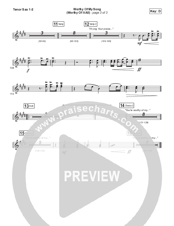 Worthy Of My Song (Worthy Of It All) (Choral Anthem SATB) Tenor Sax 1,2 (Phil Wickham / Chandler Moore / Arr. Mason Brown)