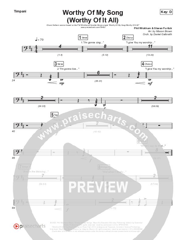 Worthy Of My Song (Worthy Of It All) (Choral Anthem SATB) Timpani (Phil Wickham / Chandler Moore / Arr. Mason Brown)