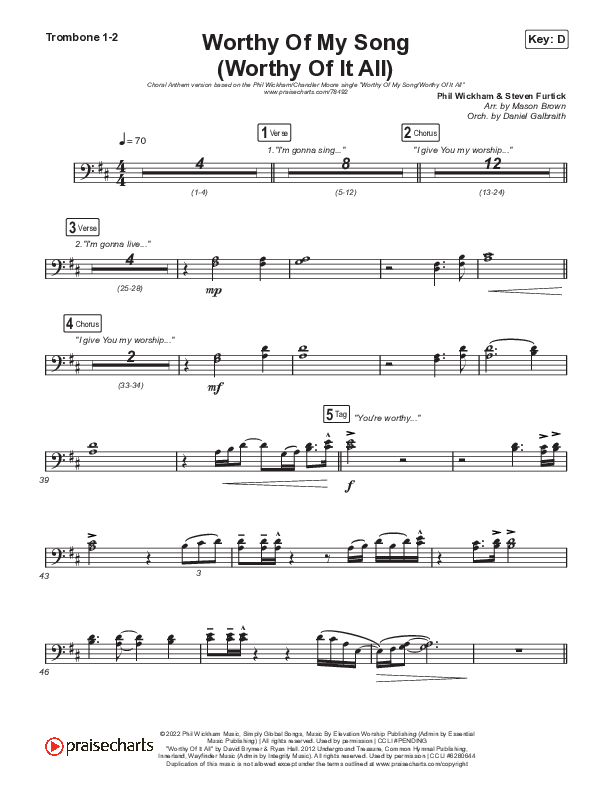 Worthy Of My Song (Worthy Of It All) (Choral Anthem SATB) Trombone 1,2 (Phil Wickham / Chandler Moore / Arr. Mason Brown)