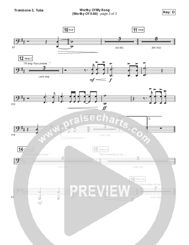 Worthy Of My Song (Worthy Of It All) (Choral Anthem SATB) Trombone 3/Tuba (Phil Wickham / Chandler Moore / Arr. Mason Brown)